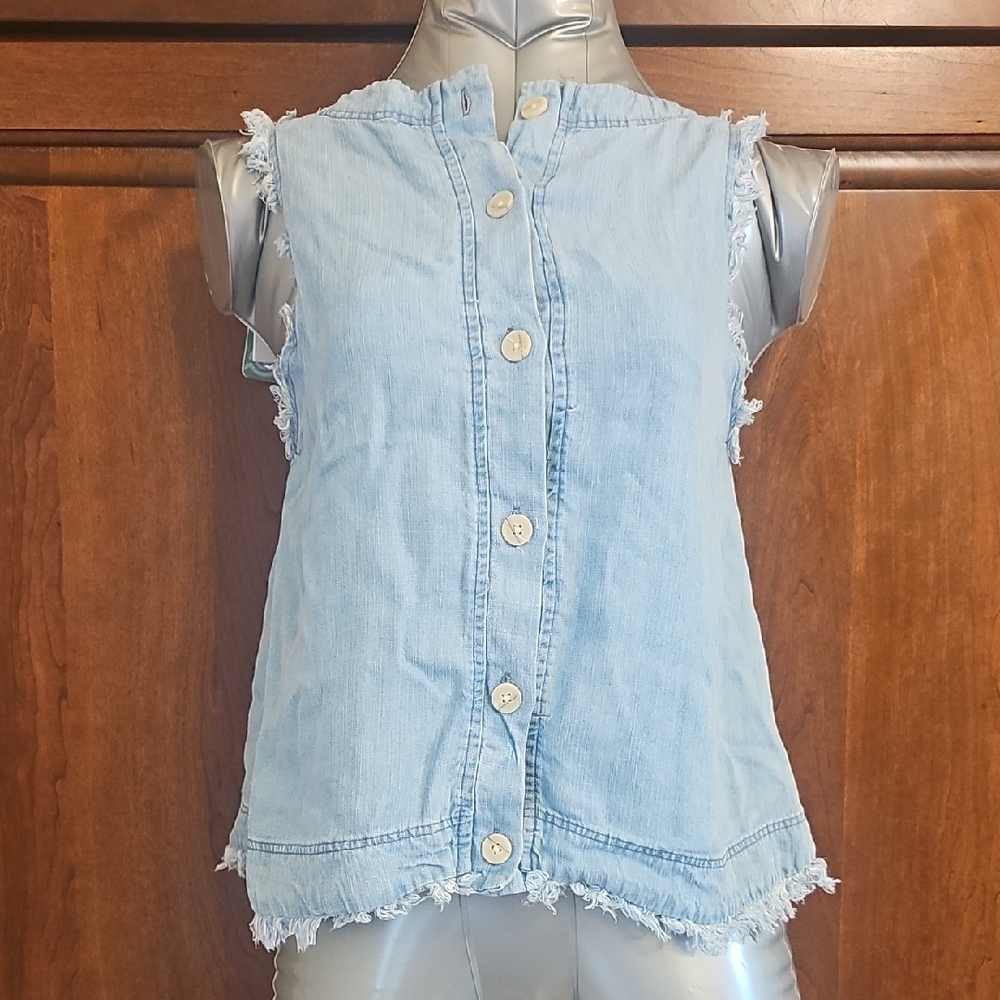 For The Republic Light Blue Frayed Sleeveless Shirt